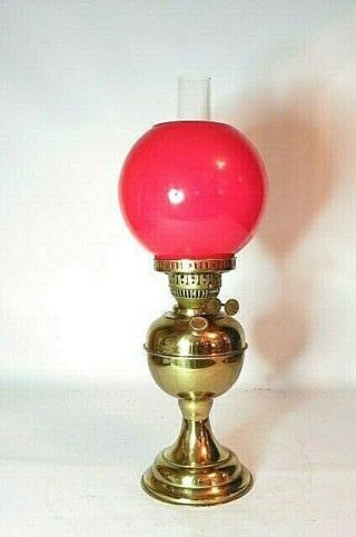 Vintage Duplex Twin Wick Oil Lamp With Glass Chimney & Red Shade