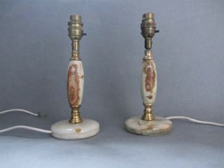 Vintage Pale Green & Brown Onyx Marble Alabaster Table Lamp Bases