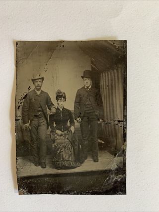 Antique Tintype Photo 2 Men With A Woman