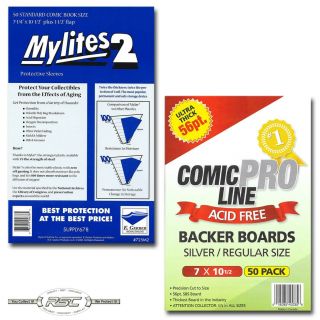 50 - E.  Gerber Mylites 2 Standard Mylar Bags & Comic Pro Line Silver/reg Boards