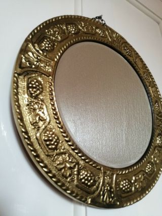 Antique / Vintage Hanging Mirror,  With Brass Frame And Grape Vine Design 14 "