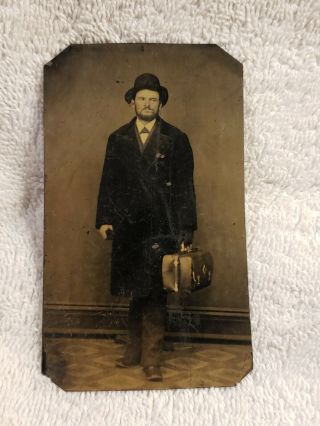 Occupational Tintype Photo Well Dressed Man In Derby Hat Holding Bag Doctor?