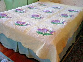 Vintage Hand Sewn Applique Quilt W/purple Pansies Scalloped Edge - Butterflies