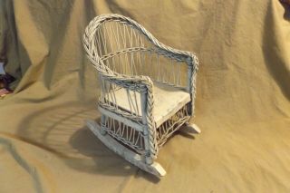 Primitive Antique Vintage Wicker Infant Doll Rocker Rocking Chair Painted White