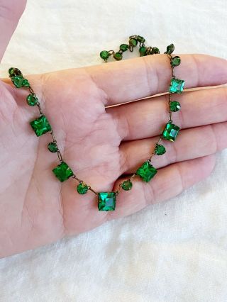 Vintage Antique Art Deco Czech Green Crystal Paste Open Back Bezel Set Necklace 2
