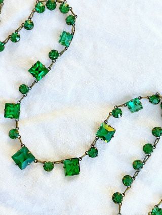 Vintage Antique Art Deco Czech Green Crystal Paste Open Back Bezel Set Necklace 3