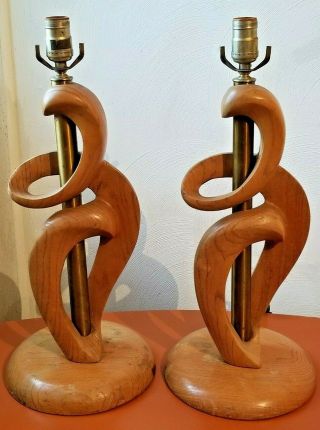 Vntg Mid - Century Modern Wooden Sculptural / Brass Table Lamps Pair Danish
