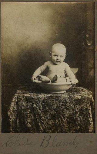Vintage Cabinet Card Photograph Barefoot Baby Sitting In Bowl