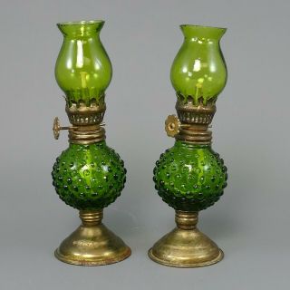 Vintage Antique Green Glass & Brass Base Miniature Small Oil Lamps |97