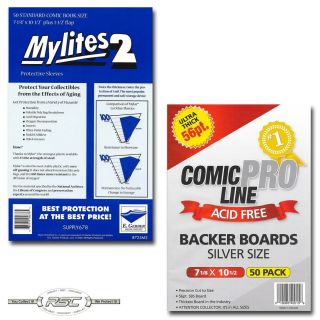 50 - E.  Gerber Mylites 2 Standard Mylar Bags & Comic Pro Line Silver Age Boards