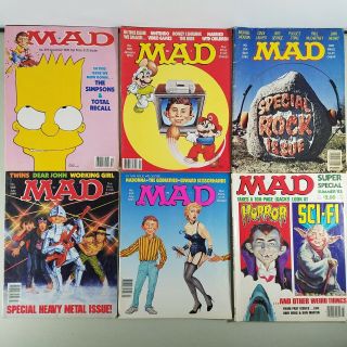 6 Mad Magazines Bart Simpson,  Mario Bros,  Sci Fi,  Madonna,  Metal Bands,  Rock Vtg