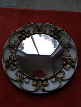 Vintage Wrought Iron Floral Round Convex Mirror,  Painted Cream,  50s