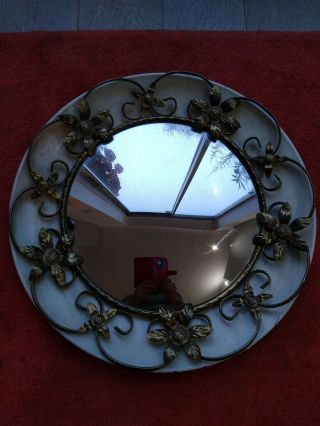 Vintage wrought iron floral round convex mirror,  painted cream,  50s 2