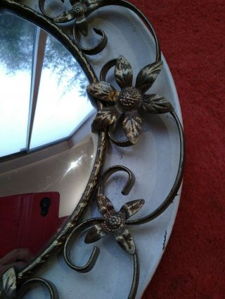 Vintage wrought iron floral round convex mirror,  painted cream,  50s 3