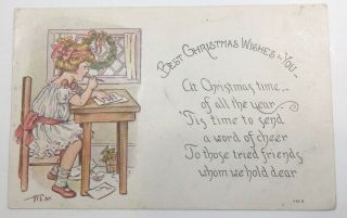 Vintage Christmas Postcard,  Artist Signed,  Girl & Letter,  By Owen,  Unposted