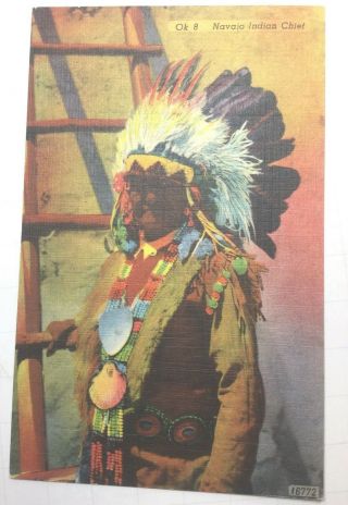 Vintage Native American Postcard “navajo Indian Chief” Linen,  Unposted