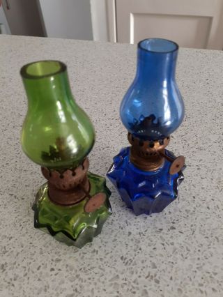 Vintage Mini Oil Lamps Blue And Green