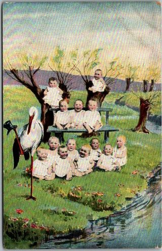 Vintage Birth Announcement Greetings Postcard Stork W/ Baby Store C1910s