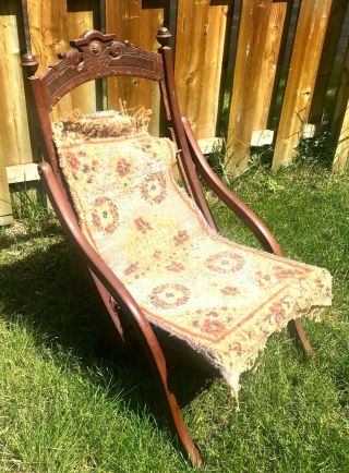 Antique 19th C.  Victorian Oak Childs Folding Campaign Chair Carpet Seat 1873