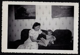 Vintage Antique Photograph Mom Sitting On Couch Reading Baby A Book
