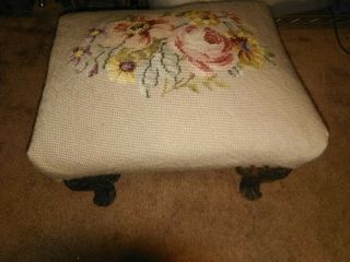 Vintage Needlepoint French Victorian Roses Foot Stool Antique Tapestry Ottoman