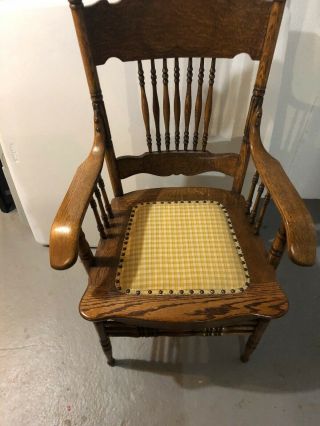 Vintage Antique Wooden Oak Classic Arm Chair Spindle Back Carved Fabric Seat