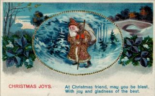Vintage Christmas Greeting Postcard: Santa Claus In Snowy Forest