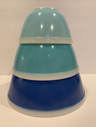 HTF Vintage Rare Pyrex Bowl Set White Rim Blue Turquoise 401,  402,  403 2
