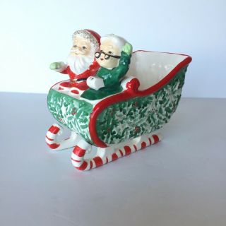 Rare Vtg Santa & Mrs Claus In Holly Sleigh Christmas Planter Vase By Tmj Japan