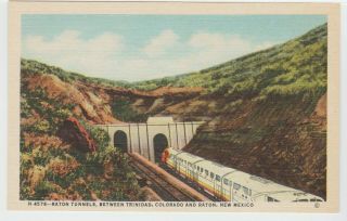 Raton,  Nm Postcard Santa Fe Railroad Train At Tunnel Vintage Linen Fred Harvey