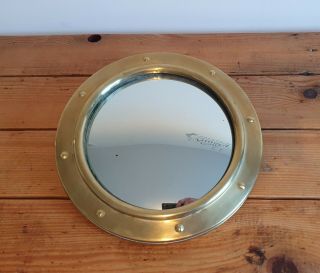 Vintage Antique Brass Round Convex Wall Mirror 26cms In Diameter.