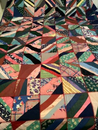 Antique Victorian Crazy Quilt Satin Border & Backing W/ Period Fabrics Hand Sewn