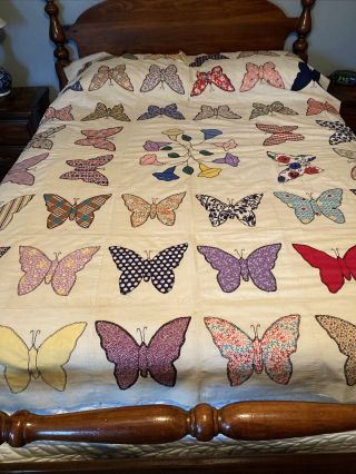 Vintage Appliqued Butterfly Quilt Top 66.  5x 89 Feedsack Fabric