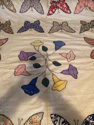 VINTAGE APPLIQUED BUTTERFLY QUILT TOP 66.  5X 89 FEEDSACK FABRIC 2