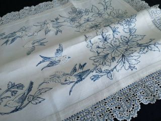 Vintage Hand Embroidered Irish Linen Bobbin Lace Tablecloth - Bluebirds Florals