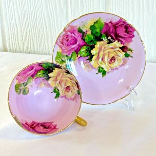 Vintage Pink Stanley Tea Cup & Saucer W Pink And Yellow Cabbage Roses Gold Trim