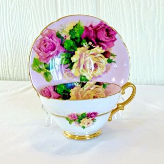 Vintage Pink Stanley Tea Cup & Saucer w Pink and Yellow Cabbage Roses Gold Trim 2