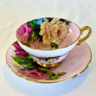 Vintage Pink Stanley Tea Cup & Saucer w Pink and Yellow Cabbage Roses Gold Trim 3