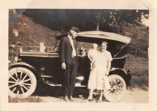 1920s Ford Model T Car With Man Woman Baby Boy Family Standing Vintage Photo
