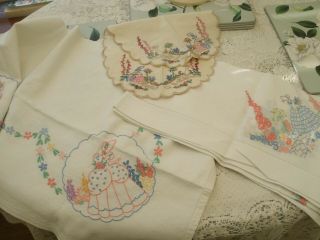 Vintage Embroidered Linens - Including Crinoline Lady/floral Tablecloths