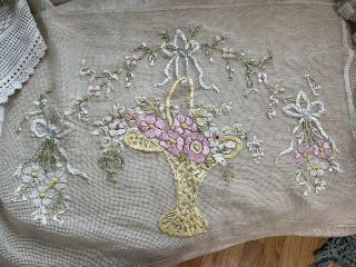 Antique French Net Lace Pillow Sham Cover Ribbon Work Embroidery Flower Basket
