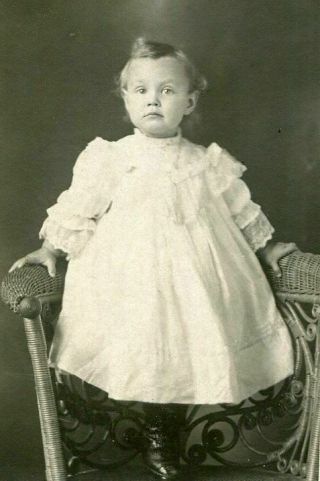 ANTIQUE MATTED PHOTO ADORABLE CHILD standing on RATTAN CHAIR WAUTOMA WI 2