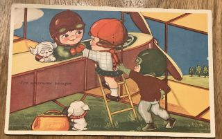 Vintage Children’s Postcard Boy Girl Boarding Plane Puppy Dogs Puppies Airplane