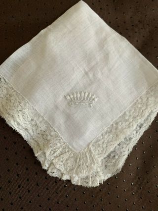 Antique French Handkerchief,  Hand Embroidered With Marquis Crown & Valenciennes