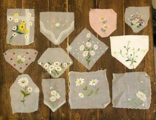 12 Vintage Swiss Embroidered Floral Handkerchief Samples On Linen C.  1930 - 50s