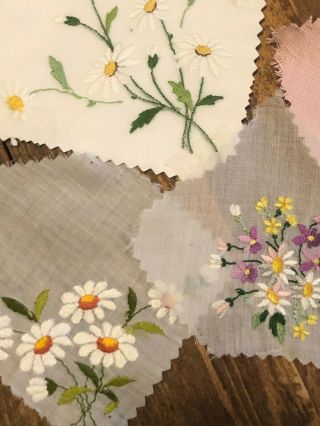 12 vintage Swiss embroidered floral handkerchief samples on linen c.  1930 - 50s 2