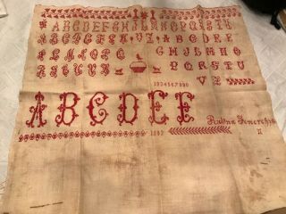 Antique Show Towel,  Full Name And Date 1892 Dogs And Hen Sampler Folk Art