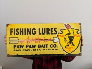 Old Large Vintage Paw Paw Fishing Lures Porcelain Advertising Sign Michigan
