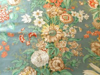 Vintage French Or English Floral Polished Cotton Fabric Melon Yellow Aqua Blue