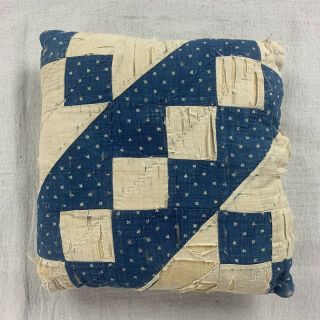 Vtg Antique Hand Stitch Home Made Quilt Pillow Indigo Calico Fabric Shabby Chic